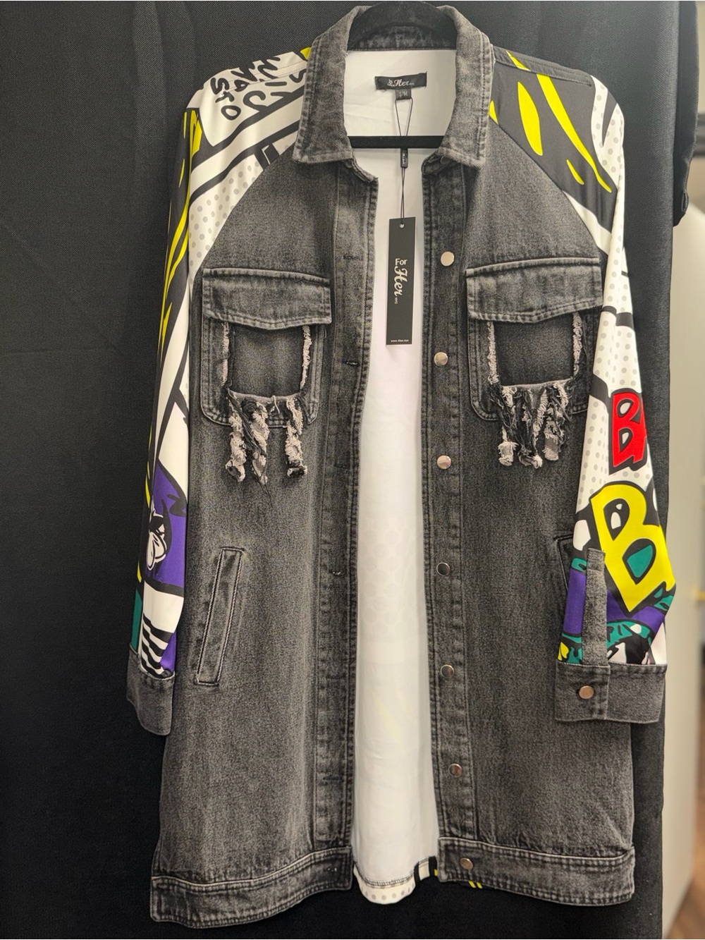 Black Washed Denim Jacket with Graphic Pop-Color Sleeves